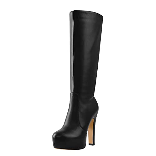 Women's Low Platform Block High Heel Mid Calf Boots with Zipper