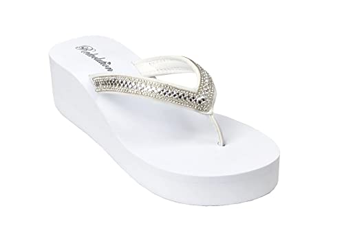 New Women's Rhinestone Sandals Platform T-Strap Jewel Sandals High Wedge Flip Flops