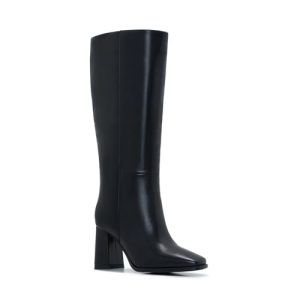 Women's Slim Calf Knee High Boots – Square Toe Block Heel Dress Boots, Side Zip Faux Leather Tall Boots for Narrow Calves, Fall