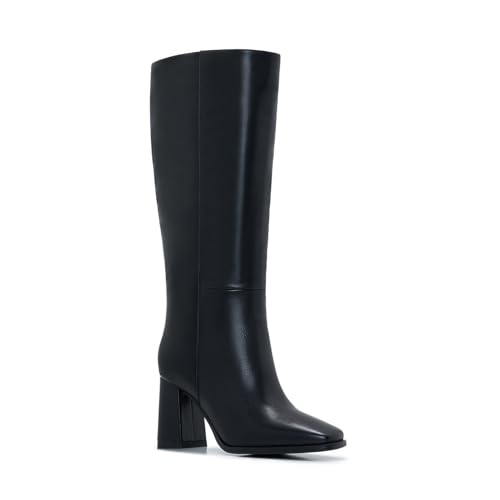 Women's Slim Calf Knee High Boots – Square Toe Block Heel Dress Boots, Side Zip Faux Leather Tall Boots for Narrow Calves, Fall