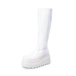 Women's Knee High Boots Wedge Platform Chunky Heel Round Toe Side Zipper Fashion Long Tall Sock Punk Goth Boots for Women