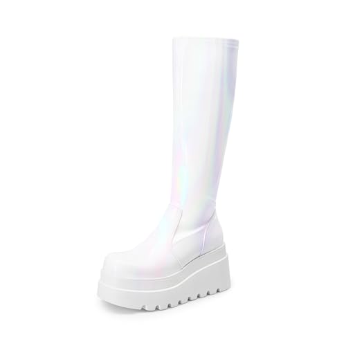 Women's Knee High Boots Wedge Platform Chunky Heel Round Toe Side Zipper Fashion Long Tall Sock Punk Goth Boots for Women