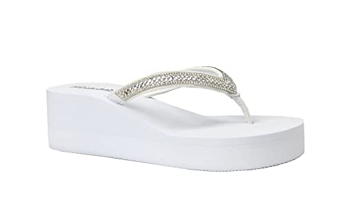 New Women's Rhinestone Sandals Platform T-Strap Jewel Sandals High Wedge Flip Flops
