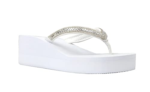 New Women's Rhinestone Sandals Platform T-Strap Jewel Sandals High Wedge Flip Flops