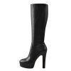 Women's Low Platform Block High Heel Mid Calf Boots with Zipper