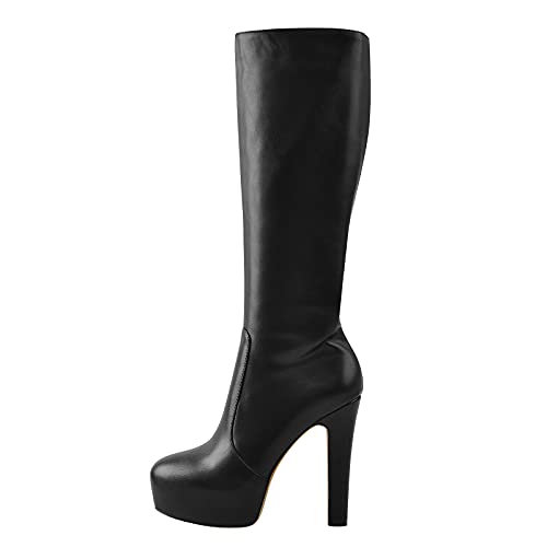 Women's Low Platform Block High Heel Mid Calf Boots with Zipper