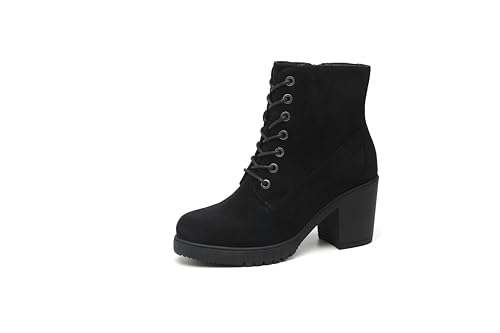 Women's Chunky Heel Ankle Boots Stylish High Heel Lace-Up Side Zipper Booties for Girls Black Women's Boots