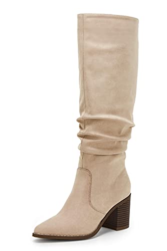 Womens Pointed Toe Mid Chunky Heel Side Zipper Knee High Boots Tall Booties