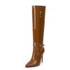 Knee High Boots for Women 4.3 IN Stiletto High Heel Boots Zipperless Glossy Patent Leather Tall Boots Pointed Toe 16 IN Shaft
