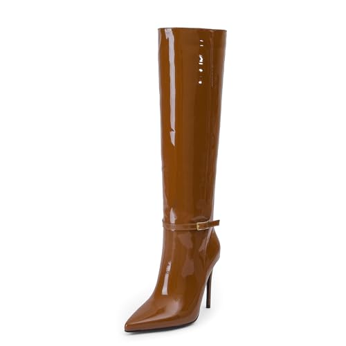 Knee High Boots for Women 4.3 IN Stiletto High Heel Boots Zipperless Glossy Patent Leather Tall Boots Pointed Toe 16 IN Shaft