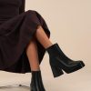 Women's Black Leather Platform GoGo Ankle Boots Square Toe High Chunky Block Heels with Back Zipper Comfort Party Dress Booties