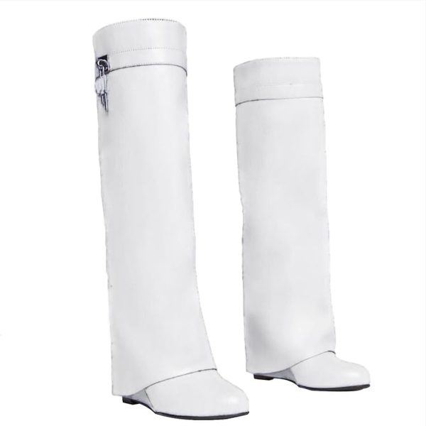 3118nEbxKuL.jpg Fold Over Wedge Boots Heeled PadLock Pant Knee High Shoes Tall/Short Booties in Black