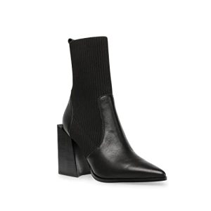 Womens Chunky Stacked Heel Ankle Boots Pointed Toe Booties Slip On Ribbed Knit Sock Boot