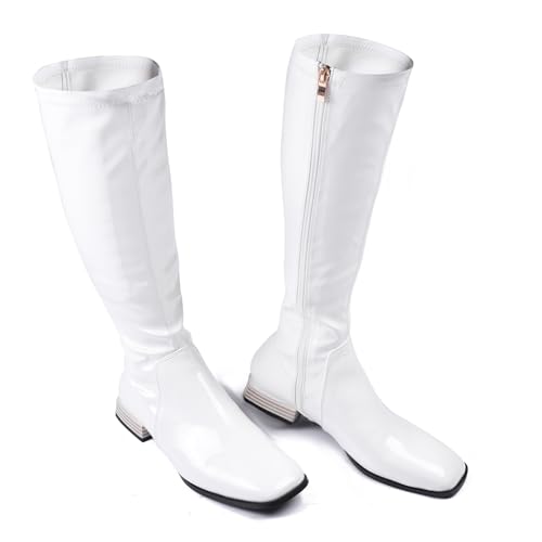 Knee High Boots for Women Comfy Flat Heel Vintage Square Toe Fall Winter Solid Side Zipper Costume Knight Booties