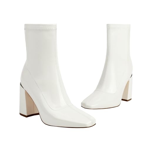 Womens Square Toe Ankle Booties Chunky Heel Boots Side Zipper Patent Leather Mid-Calf Boots