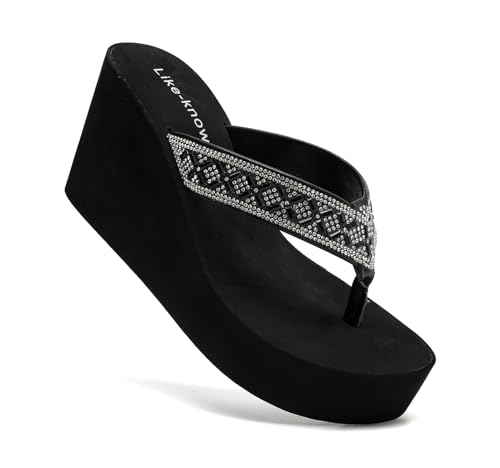 Rhinestone Wedge Sandals for Women Platform Flip Flops Wedge flip flops Wedding shoes Wedge Heels for Women Dressy