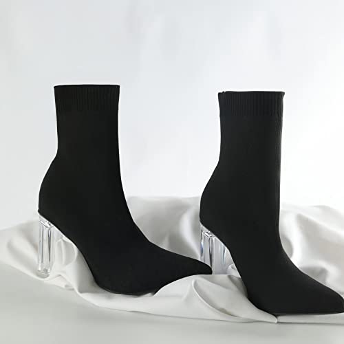 Women's Knit Sock Ankle Boots Pointed Toe Clear Mid Heel Slip-on Stretch Booties Shoes