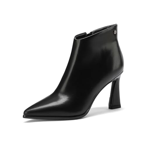 Womens Pointed Leather Thick High Heels 8.5cm/3.3in Rivet Ankle Boots Fashion Retro Party Boots