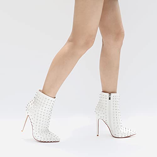 Women's Rhinestone Ankle Boots with Rivets Closed Pointed Toe Stilettos Autumn Warm Dress Booties