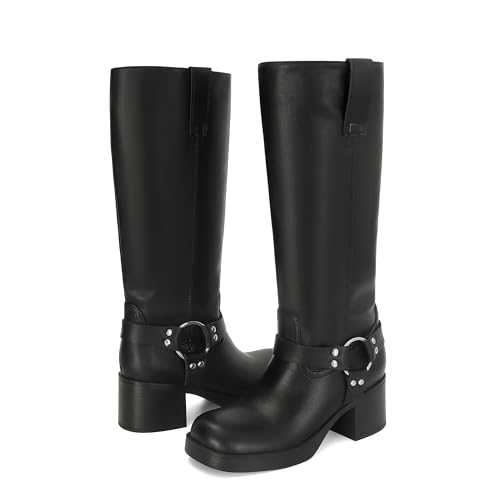 Women's Knee High Riding Boots Round Toe Block Heel Fashion Motorcycle Booties Side Zipper Wide Calf Biker Riding Boots with