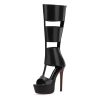 Platform Knee High Sandals for Women, Gladiator Open Toe Summer Boots Black Heels Sandal Booties, Sexy Style for Party, Black