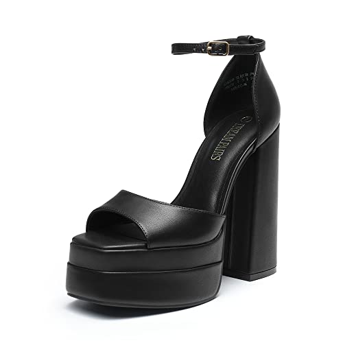 High Heels Chunky Block Platform Heels for Women Ankle Strap Sexy Open Square Toe Heels Dressy Pumps Sandals