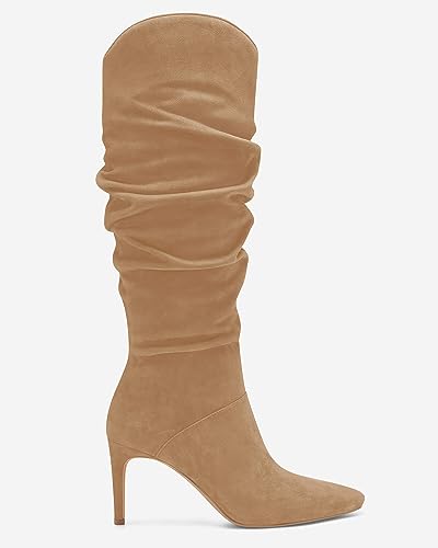 Womens Knee High Boots Faux Suede Almond Toe Stiletto High Heel Slouchy Side Zipper Booties