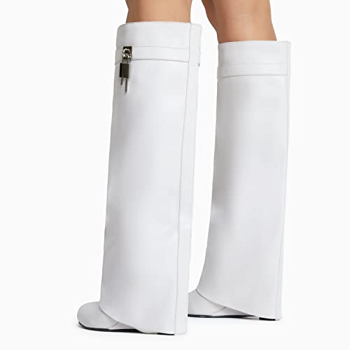 31EXTDMprHL.jpg Fold Over Wedge Boots Heeled PadLock Pant Knee High Shoes Tall/Short Booties in Black