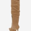 Womens Knee High Boots Faux Suede Almond Toe Stiletto High Heel Slouchy Side Zipper Booties