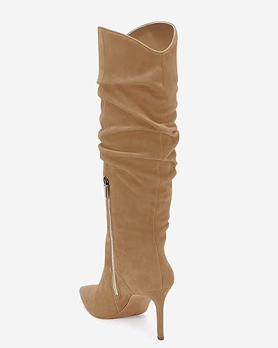 Womens Knee High Boots Faux Suede Almond Toe Stiletto High Heel Slouchy Side Zipper Booties