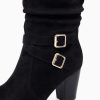 Womens Mid Knee High Boots Chunky Heel Slouchy Metal Buckle Side Zipper Fashion Winter Shoes