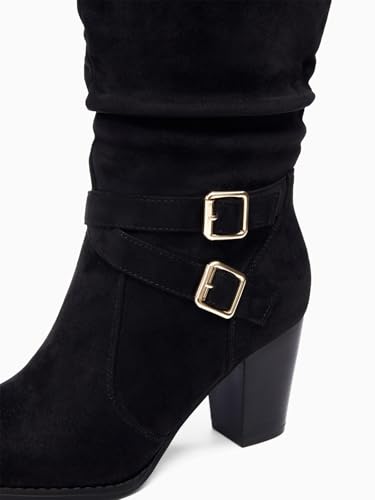 Womens Mid Knee High Boots Chunky Heel Slouchy Metal Buckle Side Zipper Fashion Winter Shoes