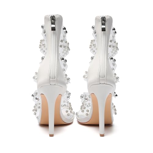 Women's Open Toe Crystal Ankle Strap Stiletto High Heel Metallic Pearl Accents & Zip 4.3IN Nightclub Party Wedding Shoes