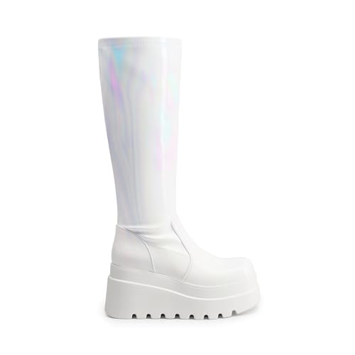 Women's Knee High Boots Wedge Platform Chunky Heel Round Toe Side Zipper Fashion Long Tall Sock Punk Goth Boots for Women