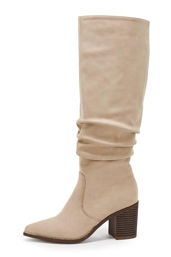 Womens Pointed Toe Mid Chunky Heel Side Zipper Knee High Boots Tall Booties