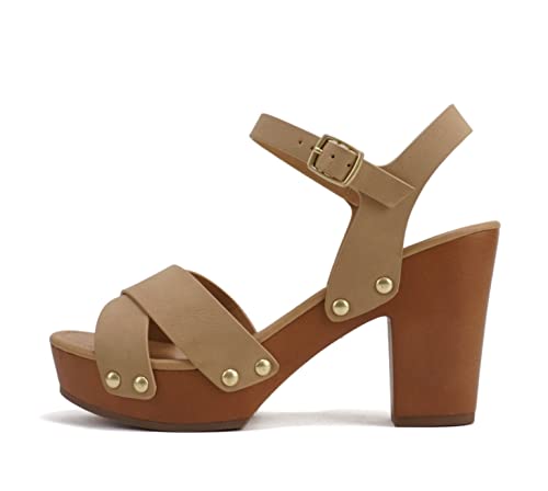 MIGUEL ~ Women Crisscross Band Fashion Chunky Platform Block Mid Heel Sandal with Ankle Strap and Stud