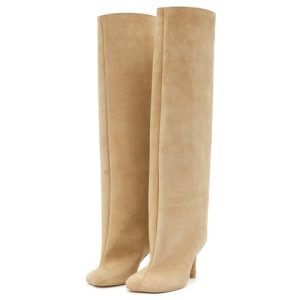 Women's Suede Knee High Boots Square Toe Stiletto Heels Wide Calf Tall Boots