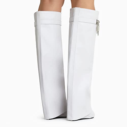 31PsCYMu7qL.jpg Fold Over Wedge Boots Heeled PadLock Pant Knee High Shoes Tall/Short Booties in Black