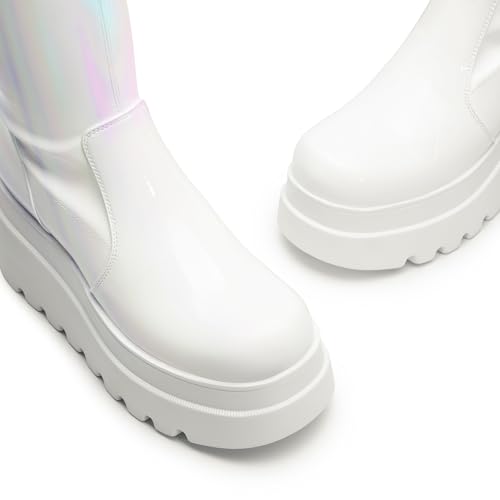 Women's Knee High Boots Wedge Platform Chunky Heel Round Toe Side Zipper Fashion Long Tall Sock Punk Goth Boots for Women