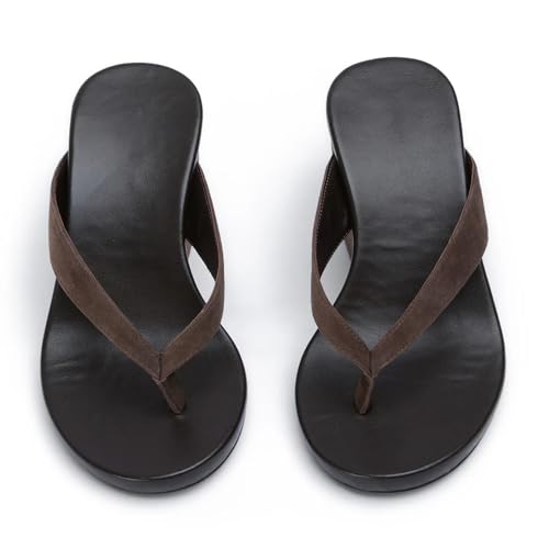 Suede Wedge Flip Flops for Women Open Round Toe Comfort Arch Support Slip On High Heel Thong Sandals for Summer Fashion Travel