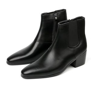 Classic High Heel Heighten Side Zipper Chelsea Boots For Men Leather Fashion Pointed Toe Chunky Block Heel Elastic Mid-Calf Slip