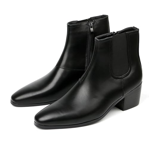 Classic High Heel Heighten Side Zipper Chelsea Boots For Men Leather Fashion Pointed Toe Chunky Block Heel Elastic Mid-Calf Slip