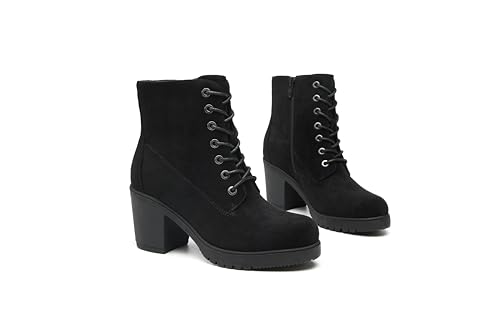 Women's Chunky Heel Ankle Boots Stylish High Heel Lace-Up Side Zipper Booties for Girls Black Women's Boots