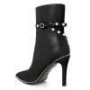 Women Ankle Boots Short Bootie Close Pointed Toe Stiletto High Heel Booties Fashion Beaded Pearl Buckle Dress Shoes 4 Inch