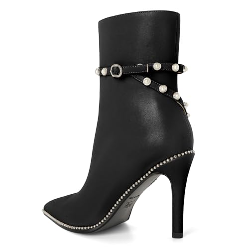 Women Ankle Boots Short Bootie Close Pointed Toe Stiletto High Heel Booties Fashion Beaded Pearl Buckle Dress Shoes 4 Inch