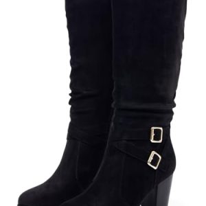 Womens Mid Knee High Boots Chunky Heel Slouchy Metal Buckle Side Zipper Fashion Winter Shoes
