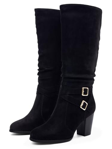 Womens Mid Knee High Boots Chunky Heel Slouchy Metal Buckle Side Zipper Fashion Winter Shoes