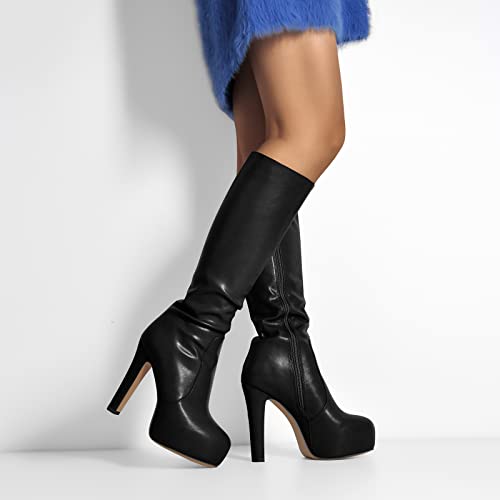 Women's Low Platform Block High Heel Mid Calf Boots with Zipper