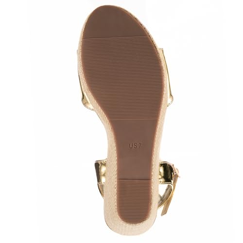 Ankle Strap Espadrille Platform Wedge Sandals for Women, Open Toe Wedge Heels for Women Dressy, Black/Gold