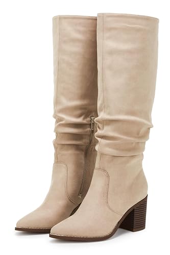 Womens Pointed Toe Mid Chunky Heel Side Zipper Knee High Boots Tall Booties
